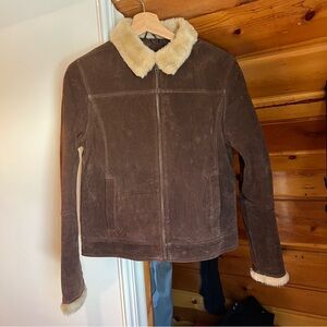 Chic Brown Suede Jacket with Cream Faux Fur Collar & Cuffs